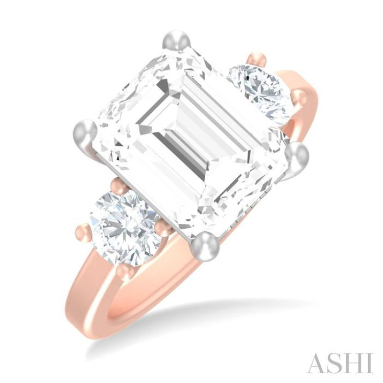 1 ctw Tri-Mount Emerald Shape Center Round Cut Diamond Semi Mount Engagement Ring in 14K Rose and White Gold