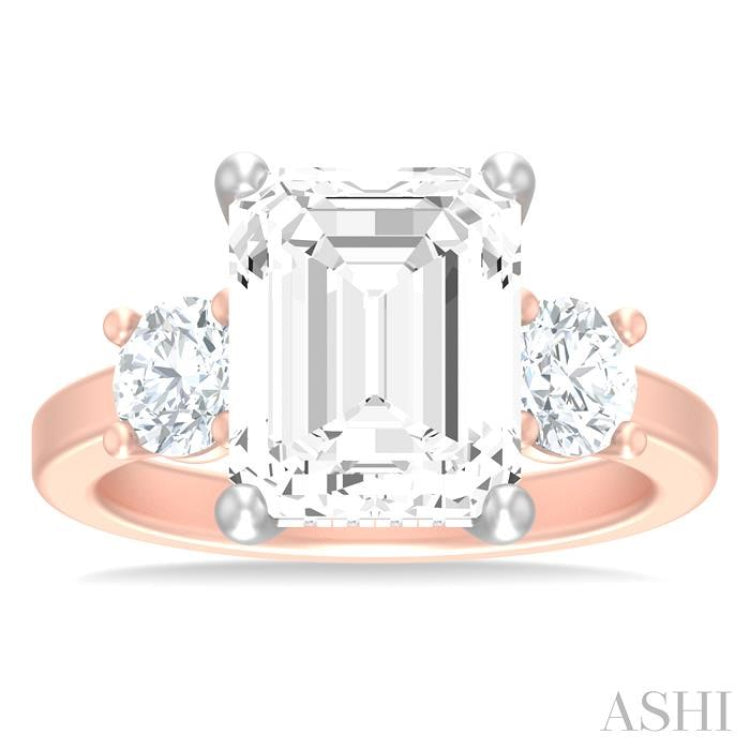 1 ctw Tri-Mount Emerald Shape Center Round Cut Diamond Semi Mount Engagement Ring in 14K Rose and White Gold