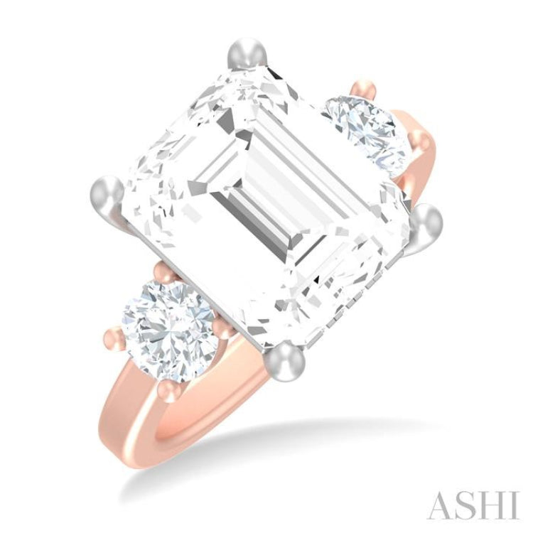 1 ctw Tri-Mount Emerald Shape Center Round Cut Diamond Semi Mount Engagement Ring in 14K Rose and White Gold