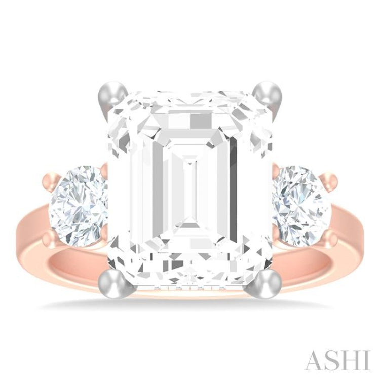 1 ctw Tri-Mount Emerald Shape Center Round Cut Diamond Semi Mount Engagement Ring in 14K Rose and White Gold