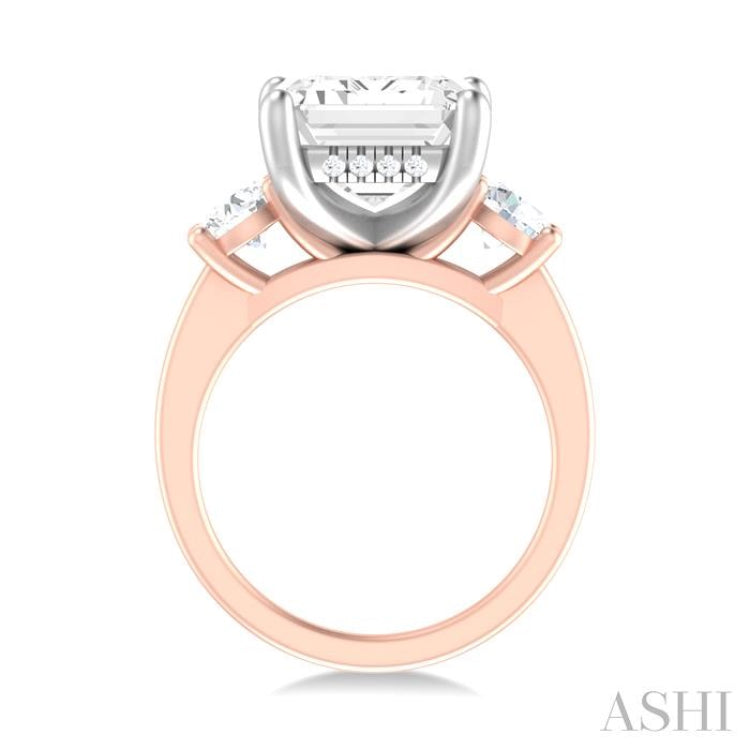 1 ctw Tri-Mount Emerald Shape Center Round Cut Diamond Semi Mount Engagement Ring in 14K Rose and White Gold