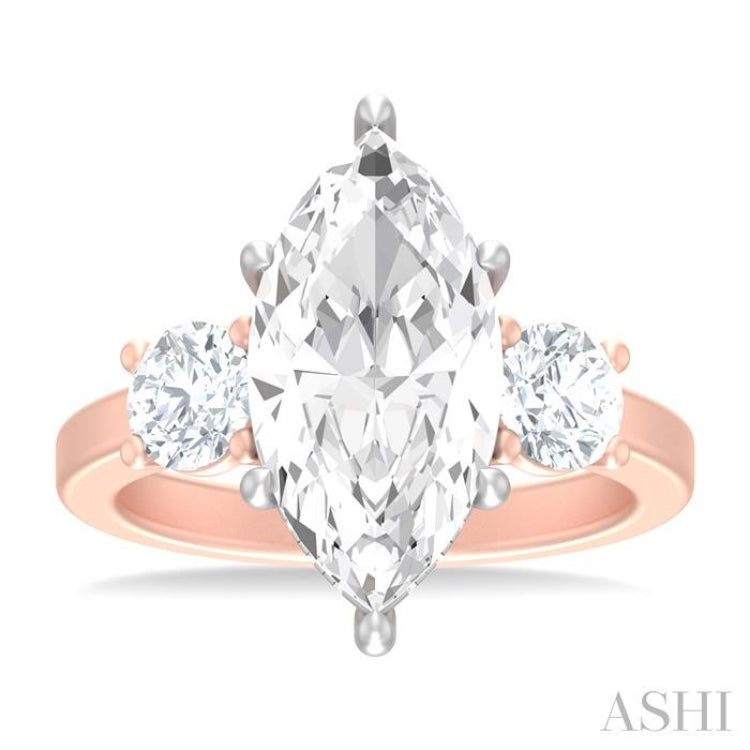 1 ctw Tri-Mount Marquise Shape Center Round Cut Diamond Semi Mount Engagement Ring in 14K Rose and White Gold