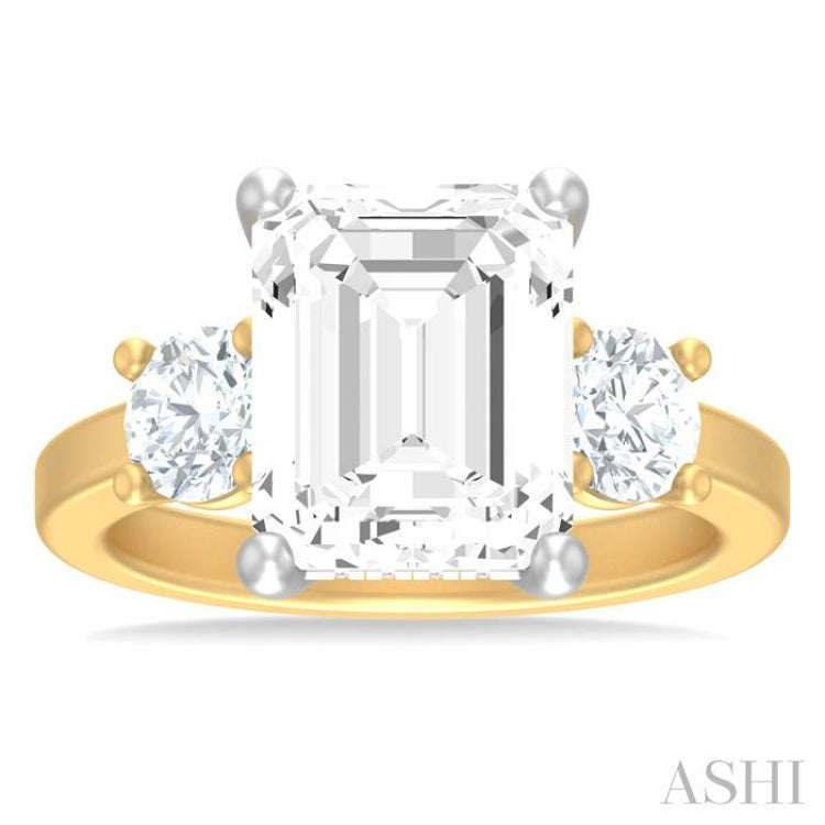 1 ctw Tri-Mount Emerald Shape Center Round Cut Diamond Semi Mount Engagement Ring in 14K Yellow and White Gold