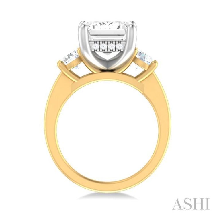 1 ctw Tri-Mount Emerald Shape Center Round Cut Diamond Semi Mount Engagement Ring in 14K Yellow and White Gold
