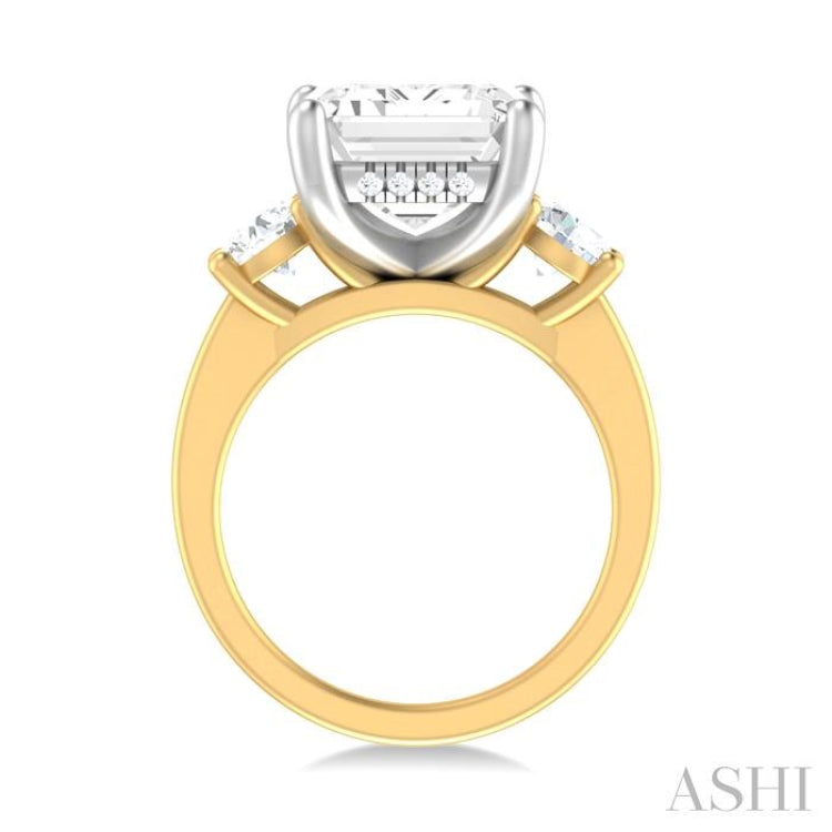 1 ctw Tri-Mount Emerald Shape Center Round Cut Diamond Semi Mount Engagement Ring in 14K Yellow and White Gold