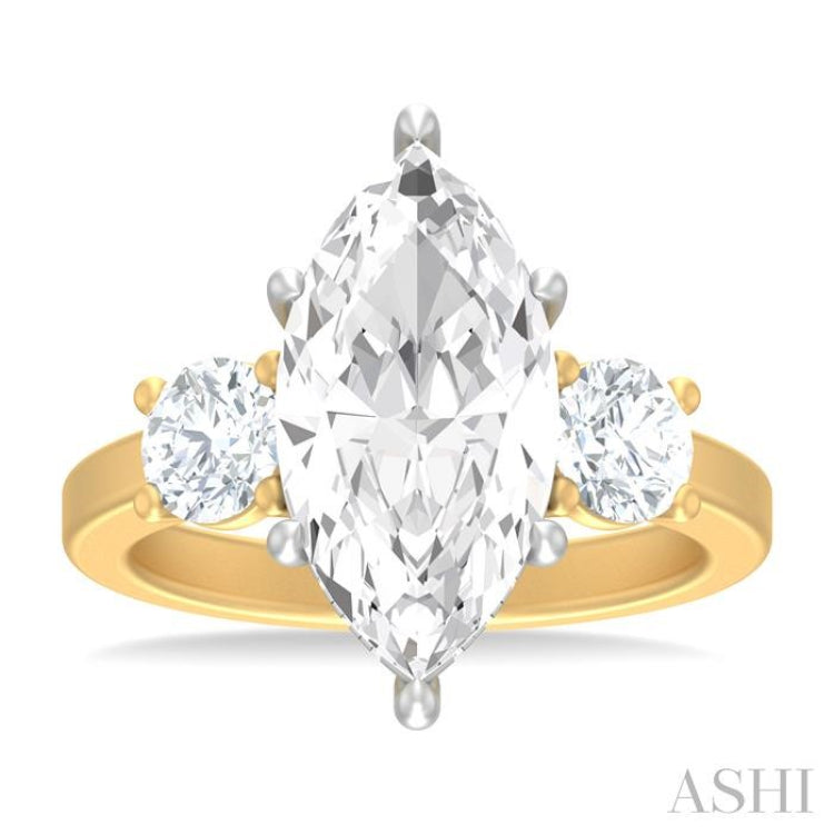 1 ctw Tri-Mount Marquise Shape Center Round Cut Diamond Semi Mount Engagement Ring in 14K Yellow and White Gold