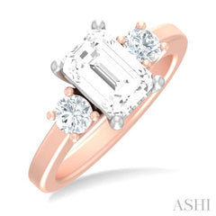1/2 ctw Tri-Mount Emerald Shape Center Round Cut Diamond Semi Mount Engagement Ring in 14K Rose and White Gold