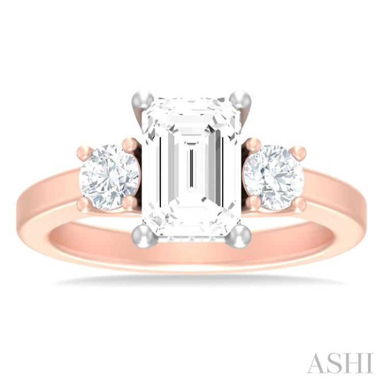 1/2 ctw Tri-Mount Emerald Shape Center Round Cut Diamond Semi Mount Engagement Ring in 14K Rose and White Gold
