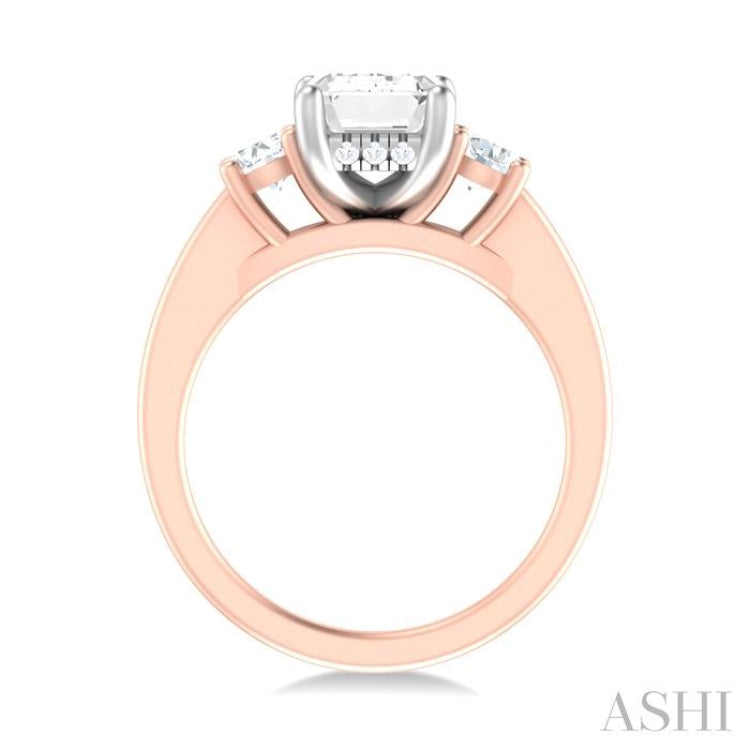 1/2 ctw Tri-Mount Emerald Shape Center Round Cut Diamond Semi Mount Engagement Ring in 14K Rose and White Gold