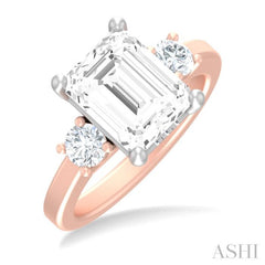1/2 ctw Tri-Mount Emerald Shape Center Round Cut Diamond Semi Mount Engagement Ring in 14K Rose and White Gold