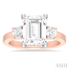 1/2 ctw Tri-Mount Emerald Shape Center Round Cut Diamond Semi Mount Engagement Ring in 14K Rose and White Gold
