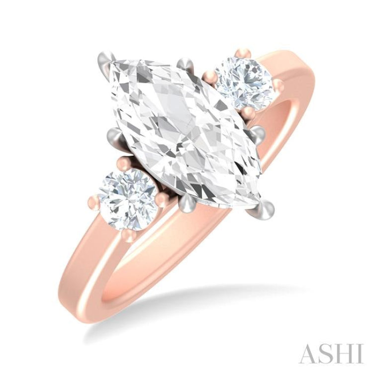 1/2 ctw Tri-Mount Marquise Shape Center Round Cut Diamond Semi Mount Engagement Ring in 14K Rose and White Gold