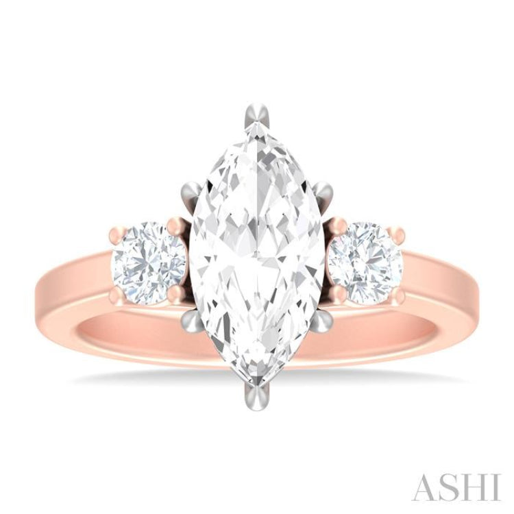 1/2 ctw Tri-Mount Marquise Shape Center Round Cut Diamond Semi Mount Engagement Ring in 14K Rose and White Gold