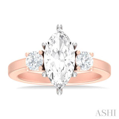 1/2 ctw Tri-Mount Marquise Shape Center Round Cut Diamond Semi Mount Engagement Ring in 14K Rose and White Gold