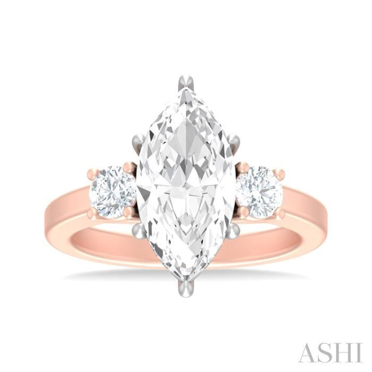 1/2 ctw Tri-Mount Marquise Shape Center Round Cut Diamond Semi Mount Engagement Ring in 14K Rose and White Gold