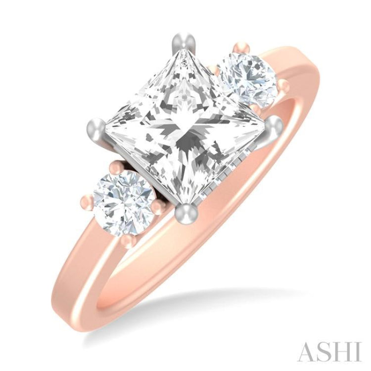 1/2 ctw Tri-Mount Princess Shape Round Cut Diamond Semi Mount Engagement Ring in 14K Rose and White Gold