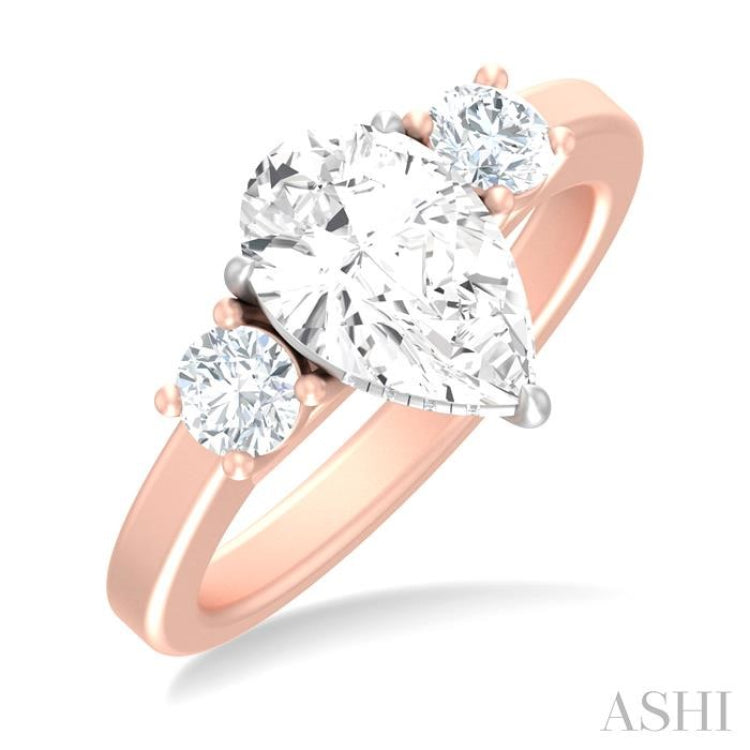 1/2 ctw Tri-Mount Pear Shape Round Cut Diamond Semi Mount Engagement Ring in 14K Rose and White Gold