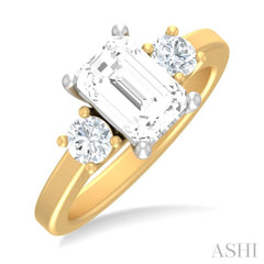 1/2 ctw Tri-Mount Emerald Shape Center Round Cut Diamond Semi Mount Engagement Ring in 14K Yellow and White Gold