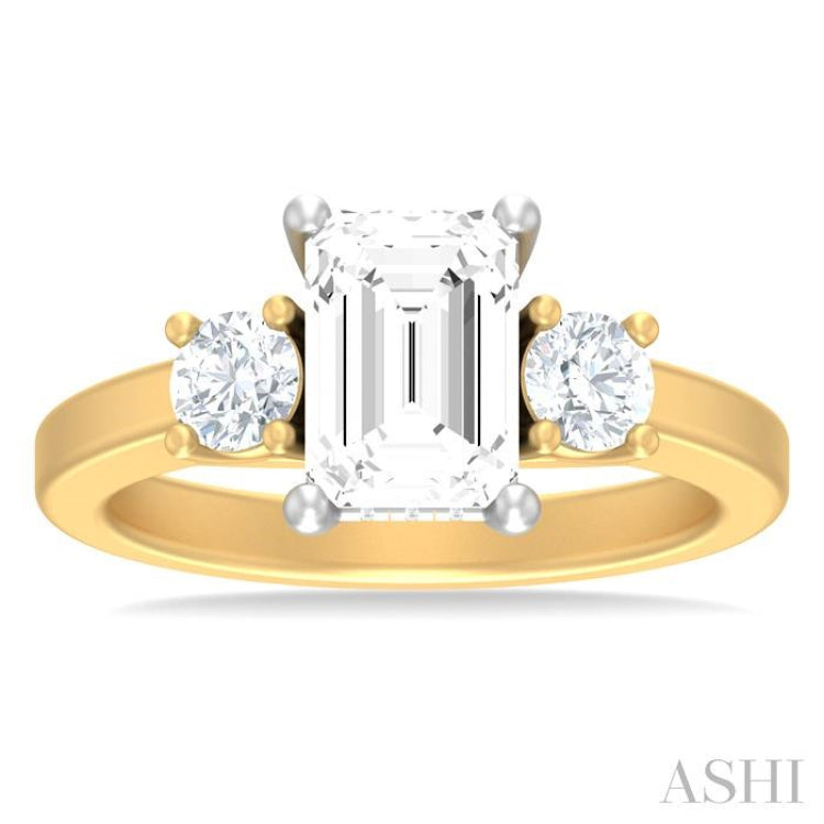 1/2 ctw Tri-Mount Emerald Shape Center Round Cut Diamond Semi Mount Engagement Ring in 14K Yellow and White Gold