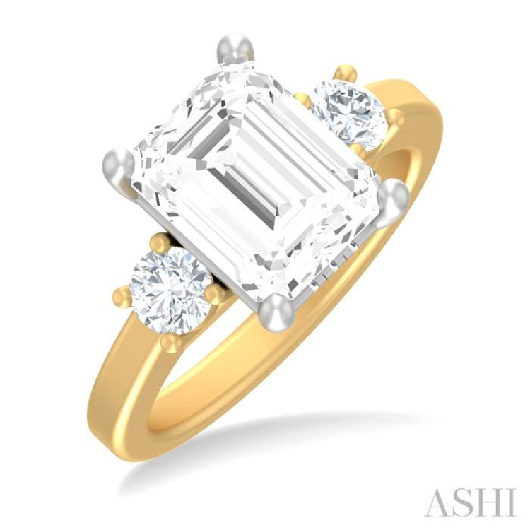 1/2 ctw Tri-Mount Emerald Shape Center Round Cut Diamond Semi Mount Engagement Ring in 14K Yellow and White Gold