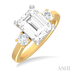 1/2 ctw Tri-Mount Emerald Shape Center Round Cut Diamond Semi Mount Engagement Ring in 14K Yellow and White Gold
