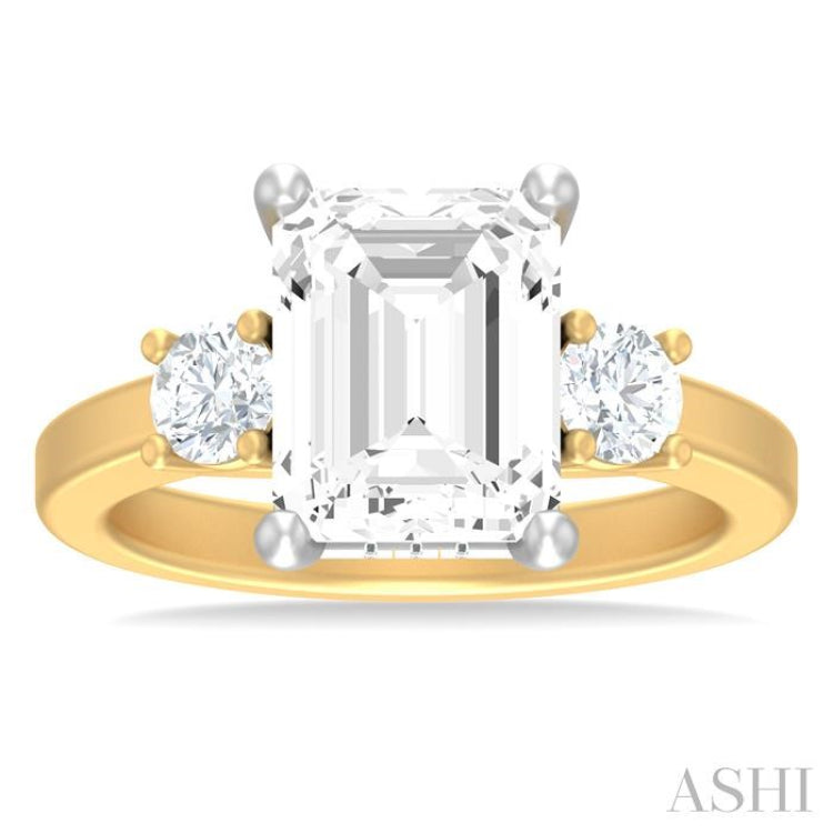 1/2 ctw Tri-Mount Emerald Shape Center Round Cut Diamond Semi Mount Engagement Ring in 14K Yellow and White Gold