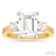 1/2 ctw Tri-Mount Emerald Shape Center Round Cut Diamond Semi Mount Engagement Ring in 14K Yellow and White Gold