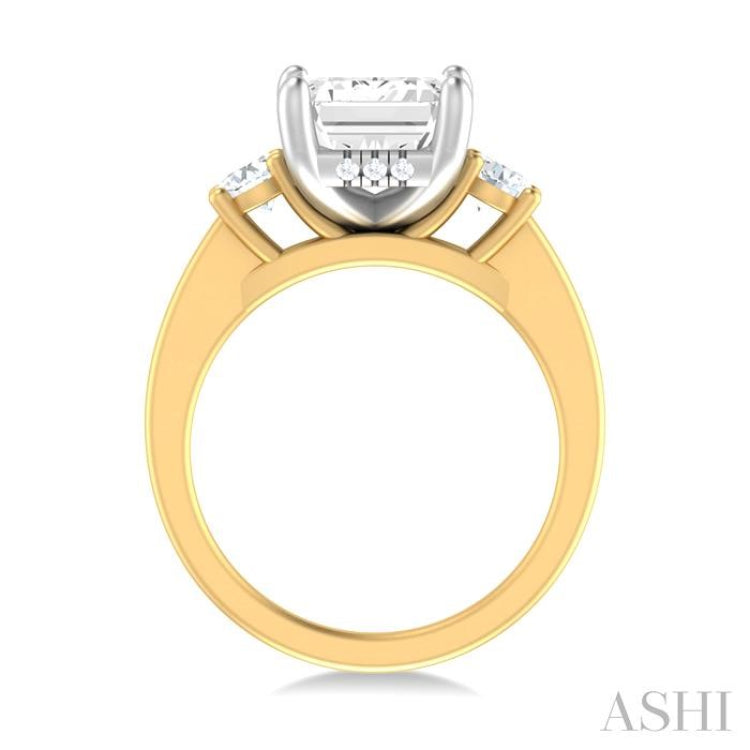 1/2 ctw Tri-Mount Emerald Shape Center Round Cut Diamond Semi Mount Engagement Ring in 14K Yellow and White Gold