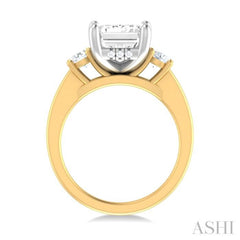 1/2 ctw Tri-Mount Emerald Shape Center Round Cut Diamond Semi Mount Engagement Ring in 14K Yellow and White Gold