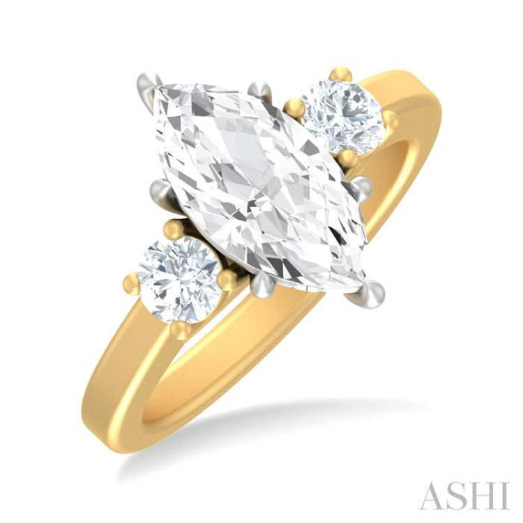 1/2 ctw Tri-Mount Marquise Shape Center Round Cut Diamond Semi Mount Engagement Ring in 14K Yellow and White Gold