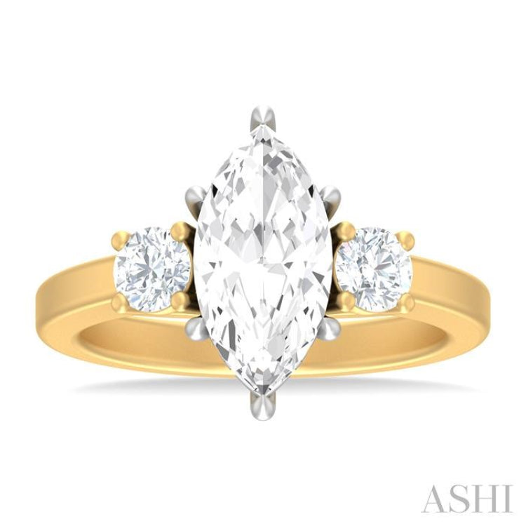 1/2 ctw Tri-Mount Marquise Shape Center Round Cut Diamond Semi Mount Engagement Ring in 14K Yellow and White Gold