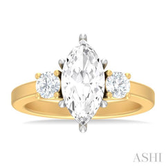 1/2 ctw Tri-Mount Marquise Shape Center Round Cut Diamond Semi Mount Engagement Ring in 14K Yellow and White Gold