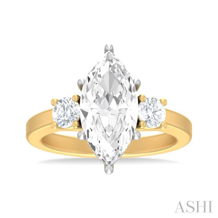 1/2 ctw Tri-Mount Marquise Shape Center Round Cut Diamond Semi Mount Engagement Ring in 14K Yellow and White Gold
