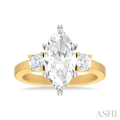 1/2 ctw Tri-Mount Marquise Shape Center Round Cut Diamond Semi Mount Engagement Ring in 14K Yellow and White Gold