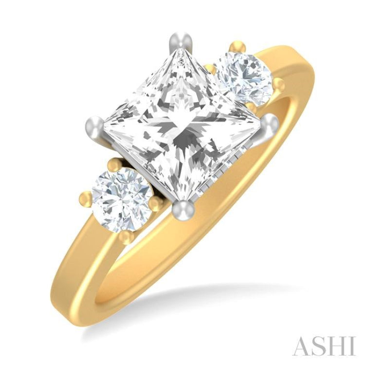 1/2 ctw Tri-Mount Princess Shape Round Cut Diamond Semi Mount Engagement Ring in 14K Yellow and White Gold