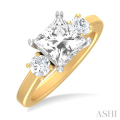 1/2 ctw Tri-Mount Princess Shape Round Cut Diamond Semi Mount Engagement Ring in 14K Yellow and White Gold