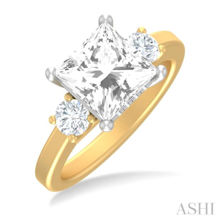 1/2 ctw Tri-Mount Princess Shape Round Cut Diamond Semi Mount Engagement Ring in 14K Yellow and White Gold