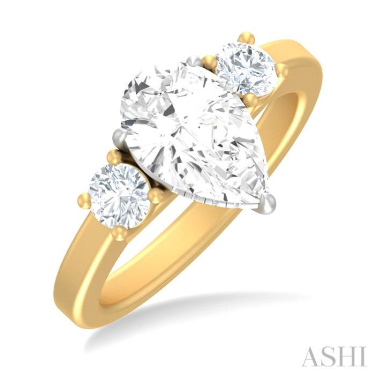 1/2 ctw Tri-Mount Pear Shape Round Cut Diamond Semi Mount Engagement Ring in 14K Yellow and White Gold