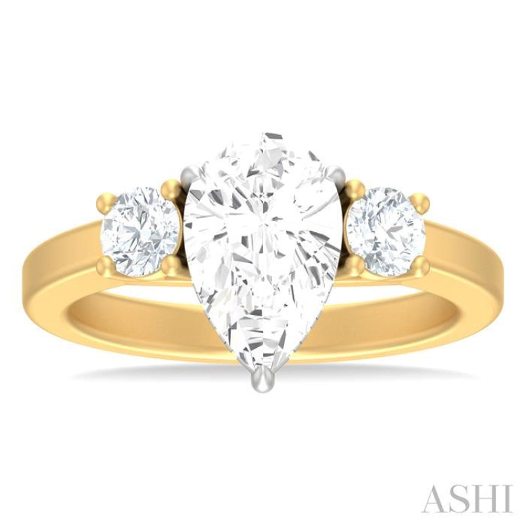1/2 ctw Tri-Mount Pear Shape Round Cut Diamond Semi Mount Engagement Ring in 14K Yellow and White Gold
