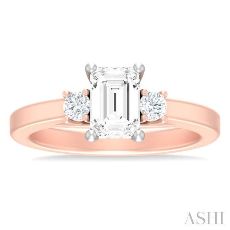 1/4 ctw Tri-Mount Emerald Shape Center Round Cut Diamond Semi Mount Engagement Ring in 14K Rose and White Gold
