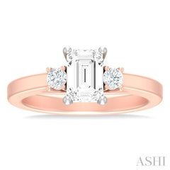 1/4 ctw Tri-Mount Emerald Shape Center Round Cut Diamond Semi Mount Engagement Ring in 14K Rose and White Gold