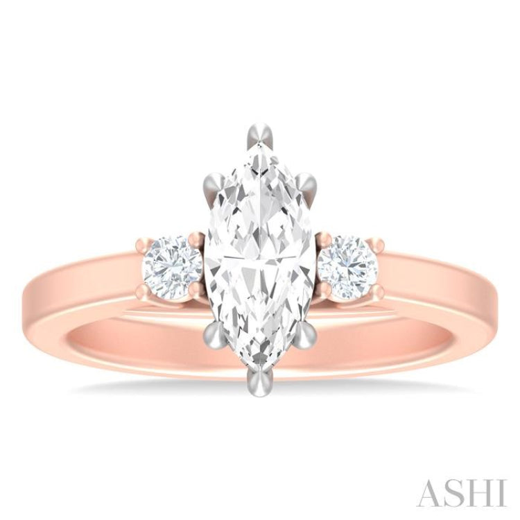 1/4 ctw Tri-Mount Marquise Shape Center Round Cut Diamond Semi Mount Engagement Ring in 14K Rose and White Gold