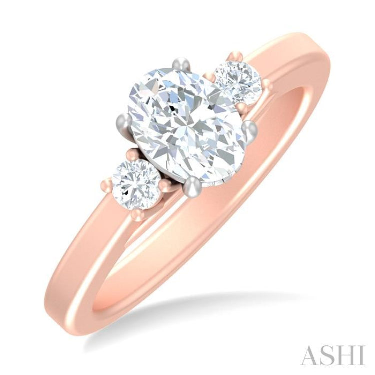 1/4 ctw Tri-Mount Past, Present and Future Oval Shape Center Round Cut Diamond Semi Mount Engagement Ring in 14K Rose and White Gold
