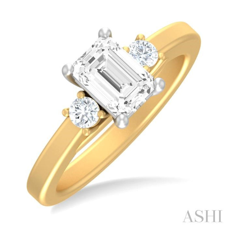 1/4 ctw Tri-Mount Emerald Shape Center Round Cut Diamond Semi Mount Engagement Ring in 14K Yellow and White Gold