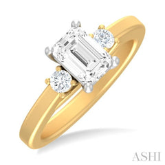 1/4 ctw Tri-Mount Emerald Shape Center Round Cut Diamond Semi Mount Engagement Ring in 14K Yellow and White Gold