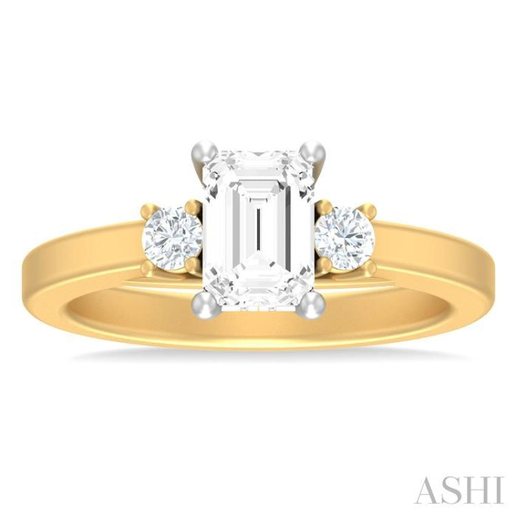 1/4 ctw Tri-Mount Emerald Shape Center Round Cut Diamond Semi Mount Engagement Ring in 14K Yellow and White Gold