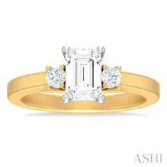 1/4 ctw Tri-Mount Emerald Shape Center Round Cut Diamond Semi Mount Engagement Ring in 14K Yellow and White Gold