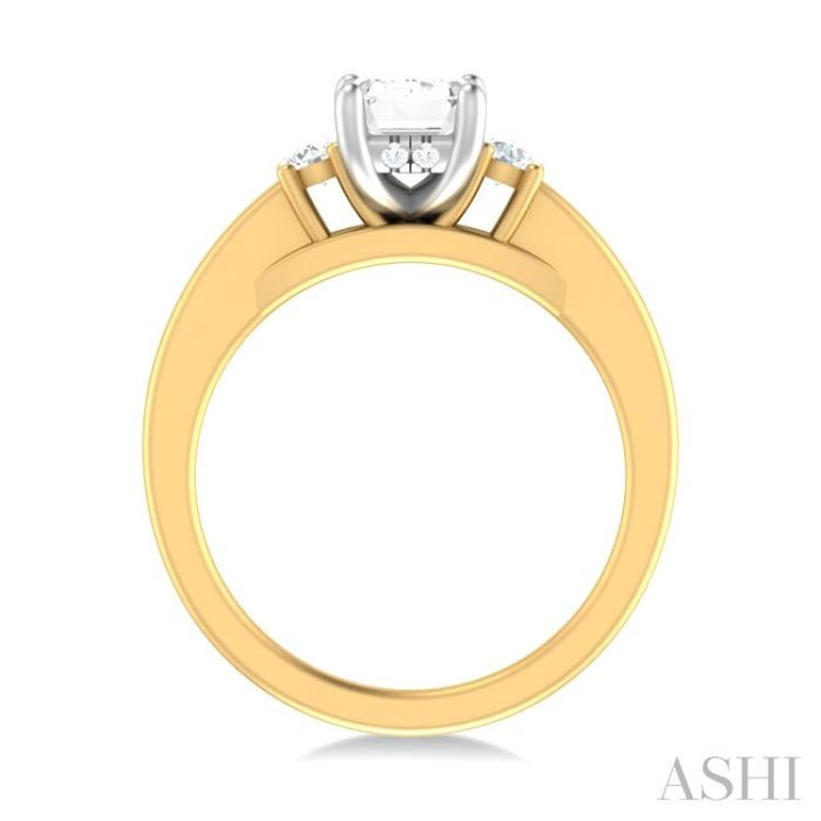 1/4 ctw Tri-Mount Emerald Shape Center Round Cut Diamond Semi Mount Engagement Ring in 14K Yellow and White Gold
