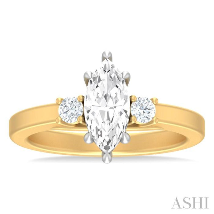 1/4 ctw Tri-Mount Marquise Shape Center Round Cut Diamond Semi Mount Engagement Ring in 14K Yellow and White Gold