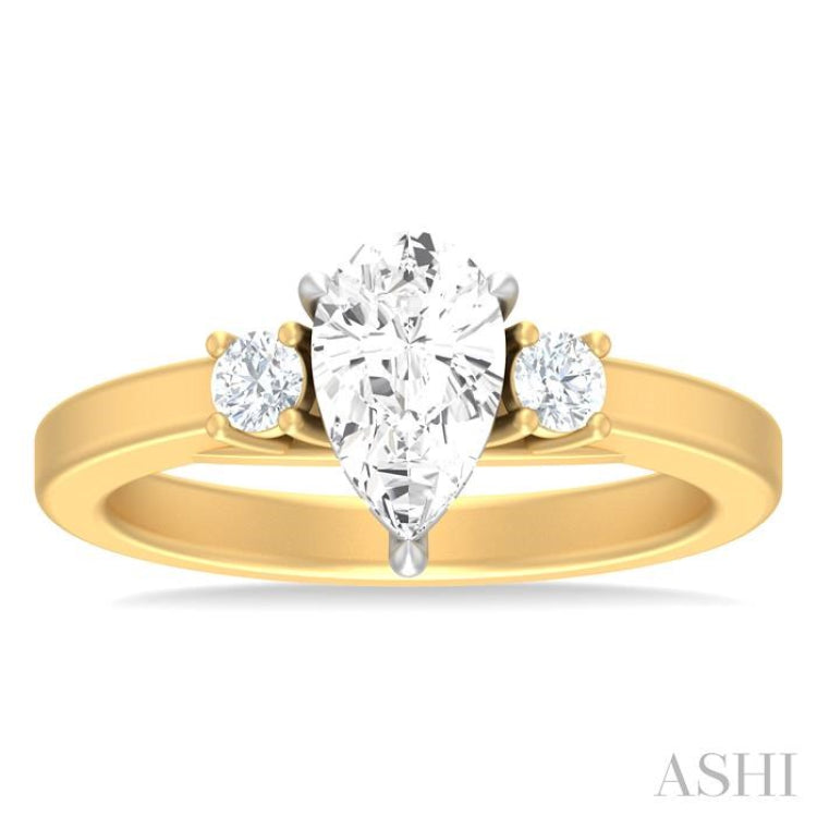1/4 ctw Tri-Mount Pear Shape Round Cut Diamond Semi Mount Engagement Ring in 14K Yellow and White Gold